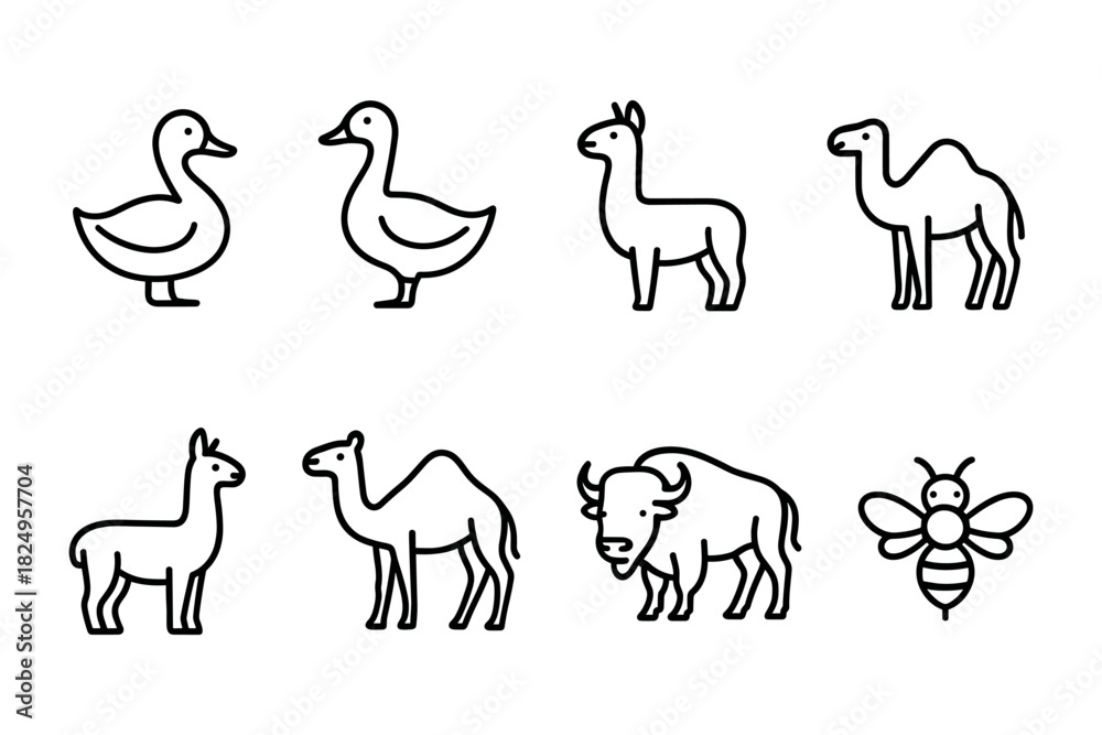 Naklejka premium Farm and desert animal icon collection. Duck, camel, alpaca, bison and bee for agriculture, nature and wildlife projects. Vector illustration.