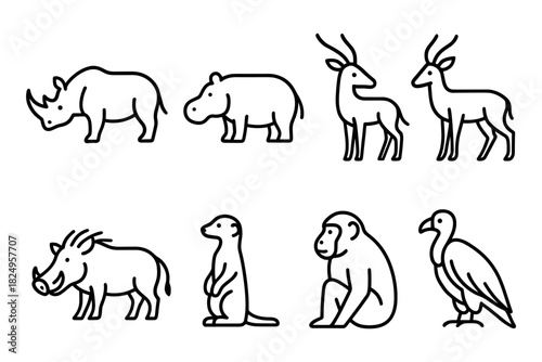 Outline icon set of African safari animals. Includes rhinoceros, hippopotamus, antelope, warthog, meerkat, baboon, and vulture. Ideal for wildlife, zoo, nature, and safari themes. Vector illustration.