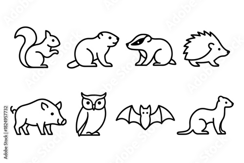 Forest animal outline icon set. Includes squirrel, beaver, badger, hedgehog, wild boar, owl, bat, and weasel. Perfect for woodland, wildlife, and nature themes. Vector illustration.