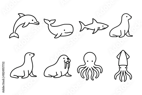 Collection of sea animal outline icons. Includes dolphin, whale, shark, seal, walrus, octopus, and squid. Ideal for marine life, ocean, aquatic, and underwater themes. Vector illustration.