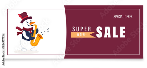 vector illustration of a fire banner. Vector illustration of a snowman with a saxophone. Snowman and saxophone. Snowman in a hat, vest, scarf and tie