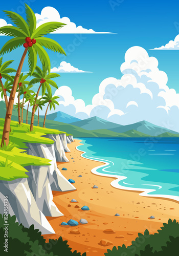 Exotic Tropical Beach Vector Illustration with Palm Trees, Sandy Shoreline, and Blue Ocean Waves Under a Clear Sky; Idyllic Summer Vacation Scene