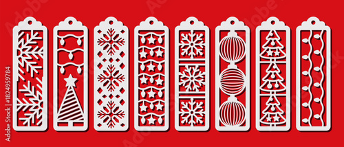 Set of Christmas vertical bookmarks. Xmas laser cut template. Decorative bookmark stencil for paper, wood and metal cutting. Vector design with winter holidays pattern