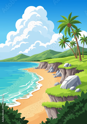 Beautiful tropical beach scene with palm trees, blue ocean, sandy shore, and scenic landscape