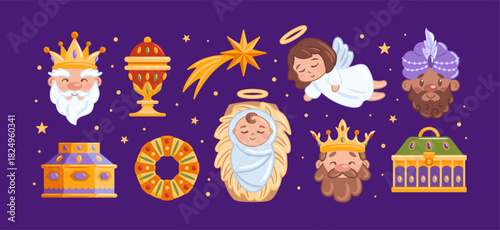 Three Kings Day scene three kings with gifts and a baby Jesus beside a Bethlehem star an angel watches over as a radiant pie crowns the night, gifts and stars gleaming in vibrant vector style.