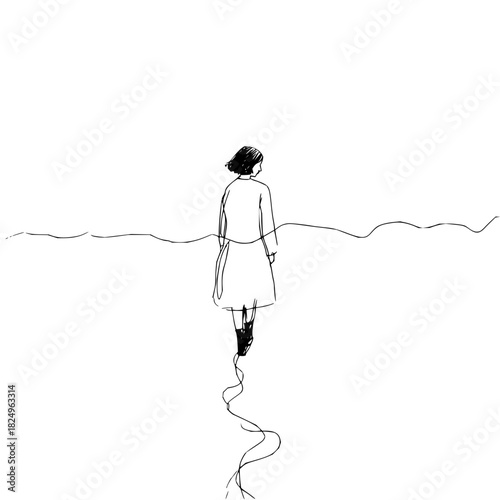 Minimalist line drawing of a woman walking away