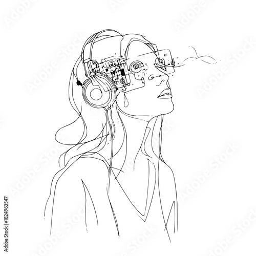 Woman with headphones and bionic face
