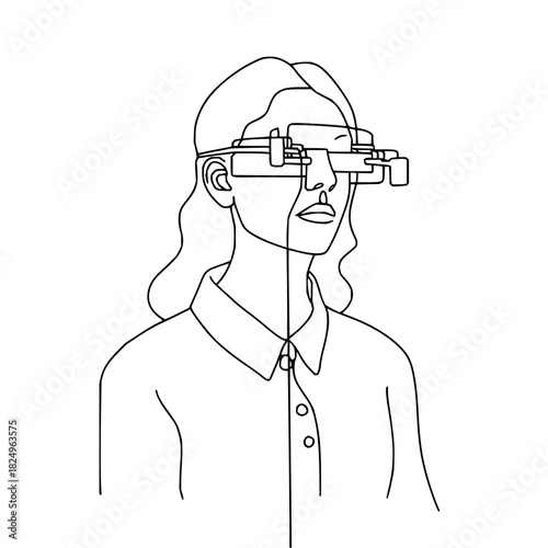 Woman wearing futuristic augmented reality glasses, line art illustration