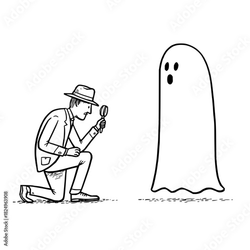 Detective investigating a ghost with a magnifying glass