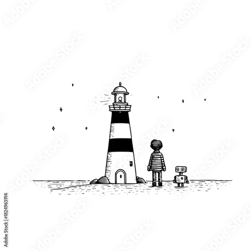 Lighthouse, person, and robot standing together