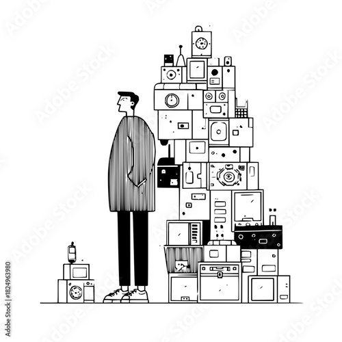 Man standing next to a large pile of old electronics