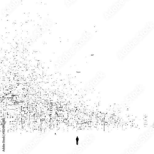 Small figure standing alone amidst abstract black texture