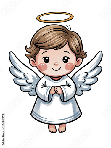 cute little angel in white smiling on white
background cute drawing style christmas watercolor line drawing