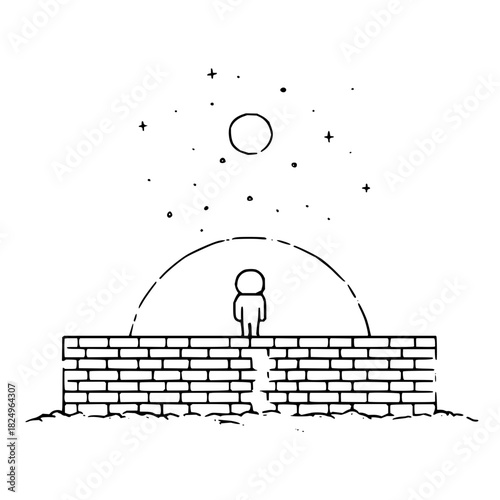 Figure at cracked wall under night sky