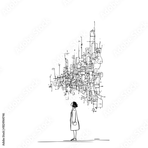 Woman looking up at an abstract city structure