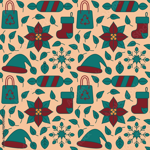 A seamless vector flat pattern featuring eco-friendly Christmas elements such as poinsettias, Santa hats, stockings, snowflakes, ornaments, leaves, and reusable bags.