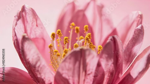 Macro shot of a pink flower, showcasing its delicate petals and vibrant yellow stamen against a soft pink backdrop