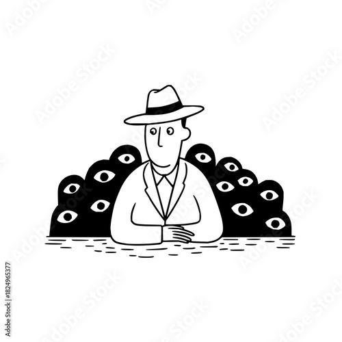 Man in hat and suit observed by many eyes