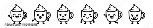 Whimsical Characters of Coffee Mugs with Cream Topping Expressing Joy and Surprise