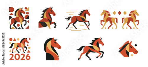 Stylized Geometric Horse Illustrations on a White Background for New Year 2026