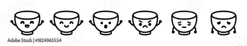Bowl Face Emoticon Set Expressing Happy Angry Sad and Surprised Moods in Row