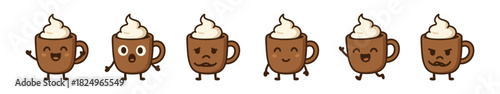 Mugs of Hot Chocolate with Cream Topping and Animated Faces Standing in a Row