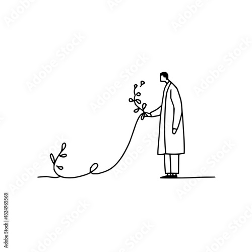 Person tending to a growing plant, minimalist line art
