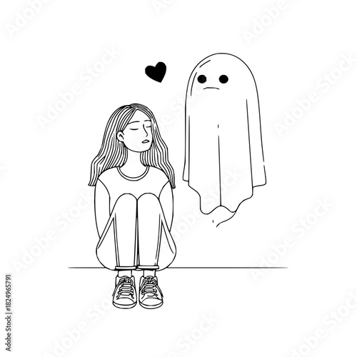 Girl sitting with a ghost and a heart