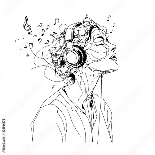 Woman listening to music with headphones and notes