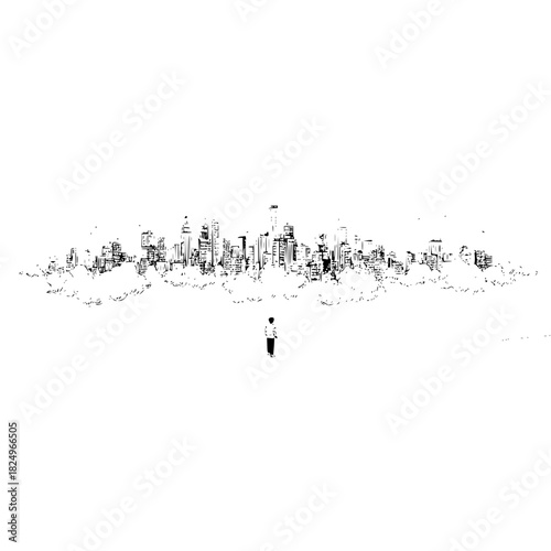 Minimalist illustration of a city skyline with a person