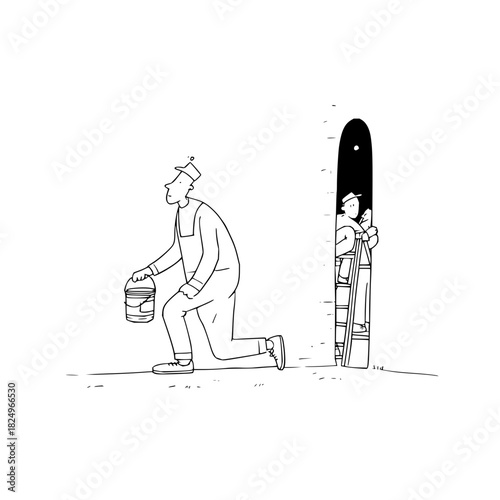 Man sneaking with bucket past archway