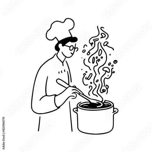 Chef cooking a meal in a pot with steam rising