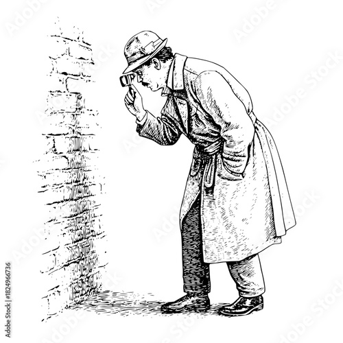 Detective with magnifying glass examining wall