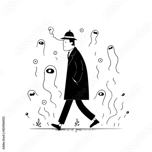 Man in trench coat and fedora walks with spirits, white