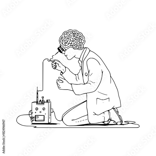 Brain person working on device, research concept