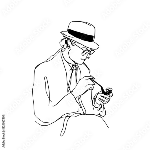 Elegant man in fedora hat and glasses with a pipe, line drawing
