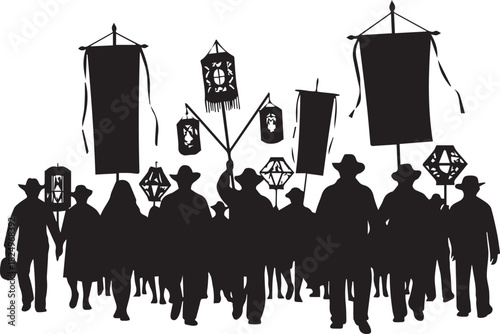 Silhouette of a group of people in hats carrying banners and lanterns in a procession