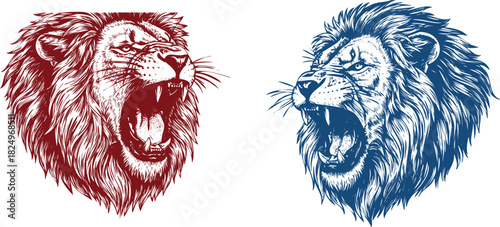Two Roaring Lion Heads in Dark Red and Blue Ink Sketch Style animal wildlife