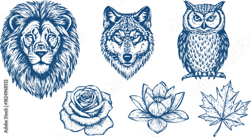 Blue Ink Sketch Collage of Lion Wolf Owl Rose Lotus and Maple Leaf vector illustration