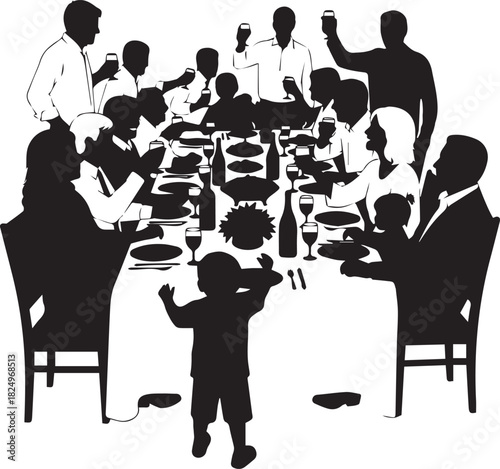 Silhouette of a large family gathered around a festive dinner table