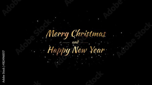 Luxury golden Merry Christmas and Happy New Year festive animation, elegant shimmering text effect, glittering stardust magic backdrop, celebration announcement, positive joyful wishes, Copy space
