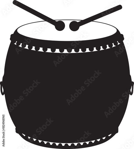 Black silhouette of a traditional drum with two drumsticks