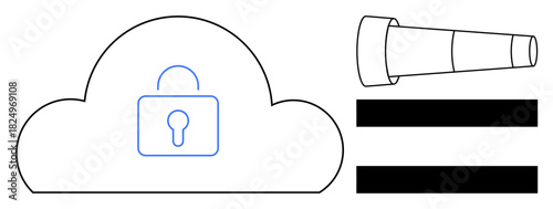 Cloud with a lock symbol for security, a telescope representing observation or monitoring, and two horizontal bars. Ideal for privacy, cybersecurity, surveillance, cloud storage, data protection
