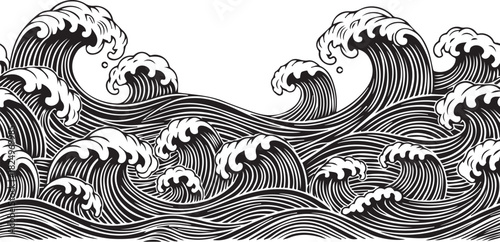 Stylized black and white illustration of crashing ocean waves