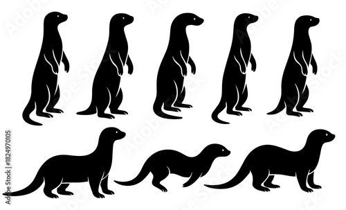 Meerkat silhouettes in standing and walking poses. Clean lines show high quality. The collection highlights curious posture and light movement