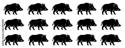 Wild boar silhouettes in walking and sniffing poses. Clean lines show high quality. The set highlights strong bodies and natural movement