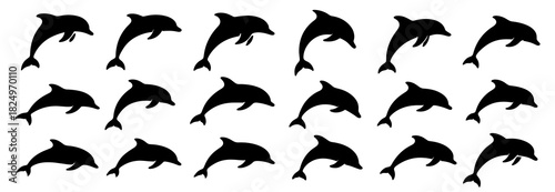 Dolphin silhouettes in jumping and swimming poses. Clean lines show high quality. The set highlights curved movement and smooth shapes