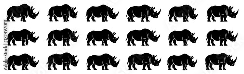 Rhino silhouettes in grazing and standing poses. Clean lines show high quality. The set highlights strong bodies and heavy horned shape