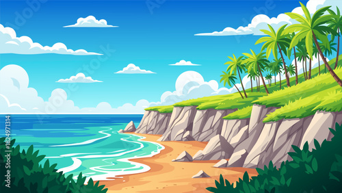 Tropical Beach Paradise with Palm Trees and Sandy Shore Illustration
