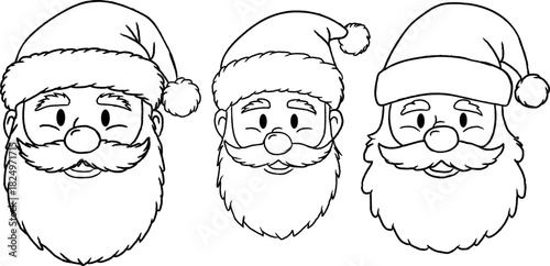 Festive Santa Claus faces with fluffy beards and hats holiday spirit christmas season graphic drawing detailed vector illustration celebration december cheerful outline